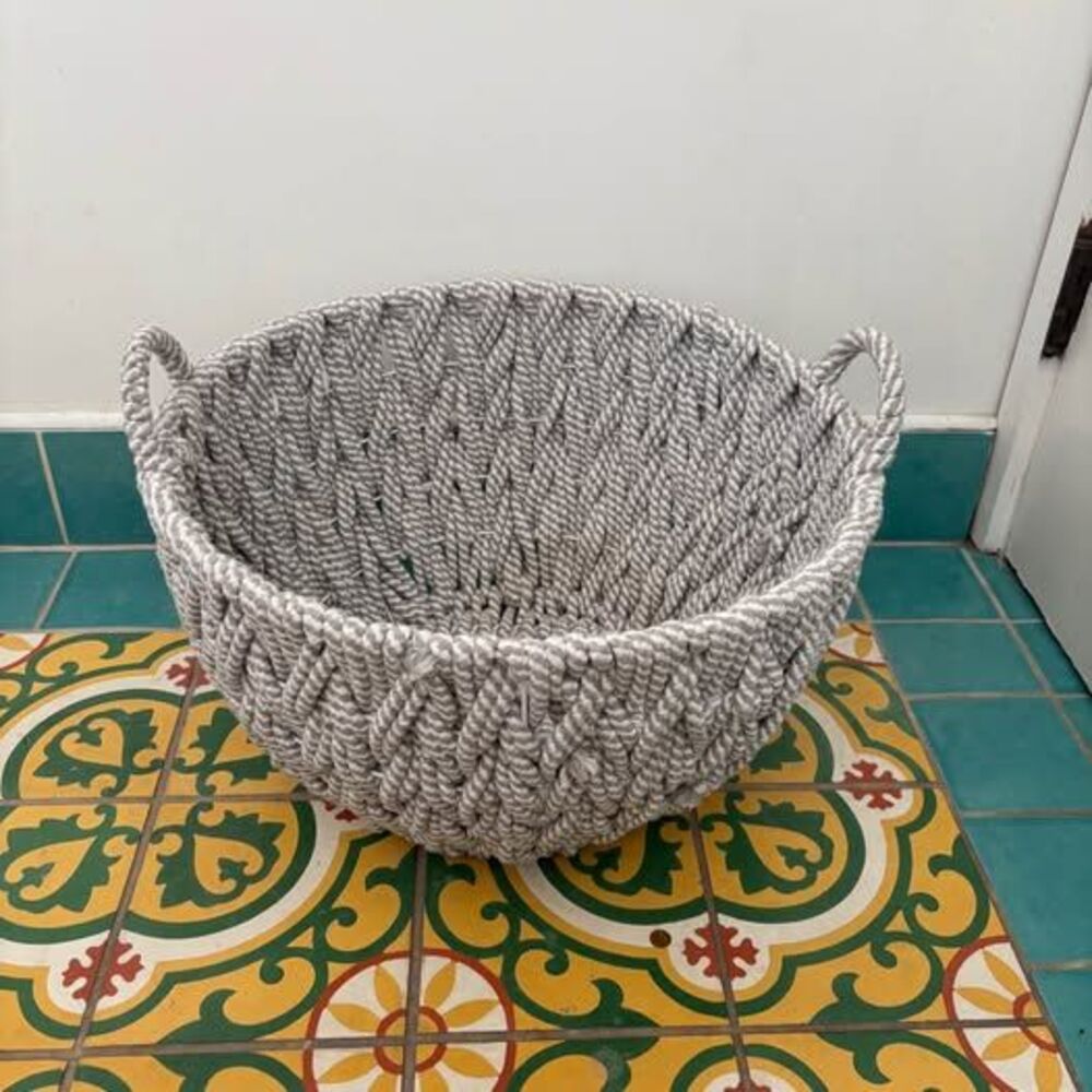 Grey and White Woven Rope Basket with Handles